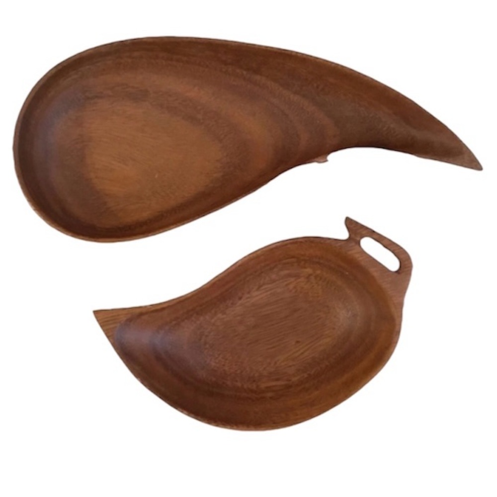 Mid Century Modern Fair Craft Philippines Monkey Pod Bowls Tear Drop Shape Set 2